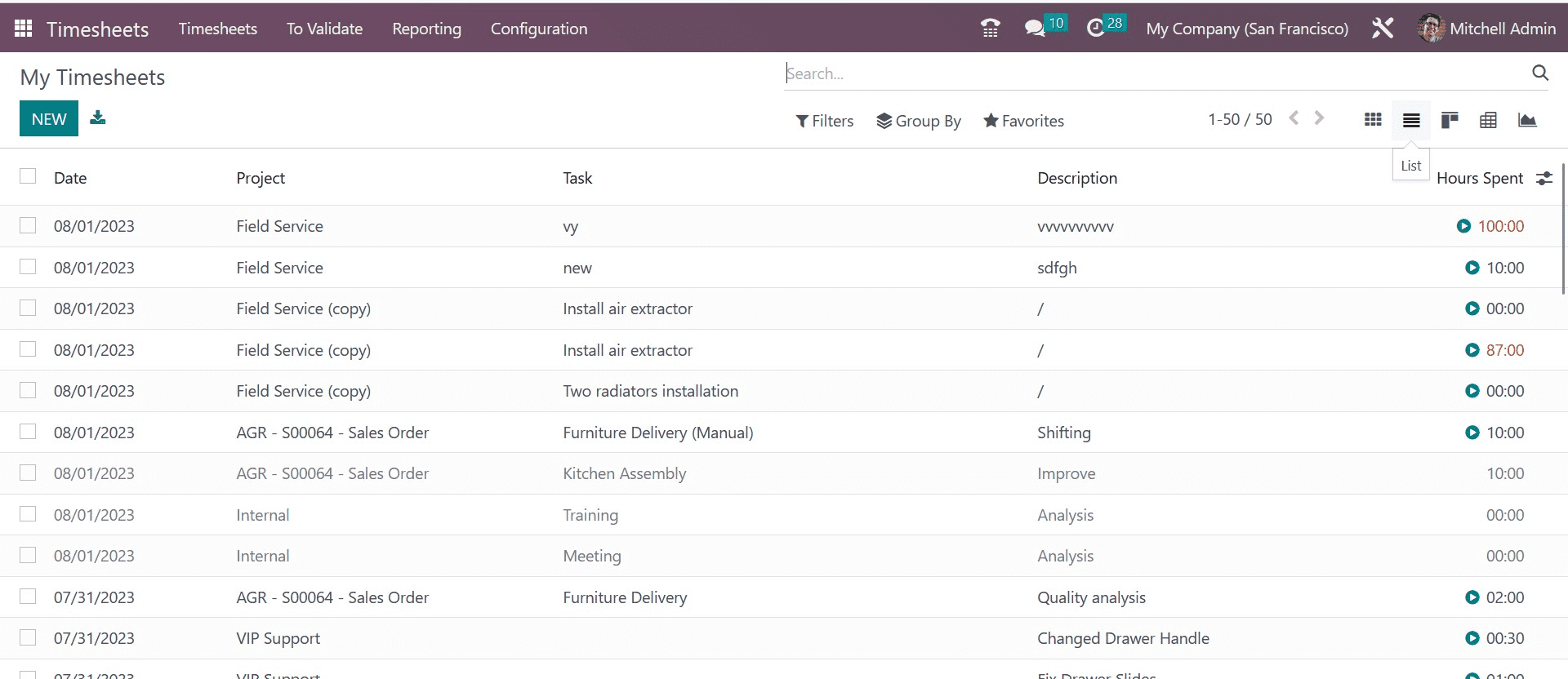 odoo time sheet module